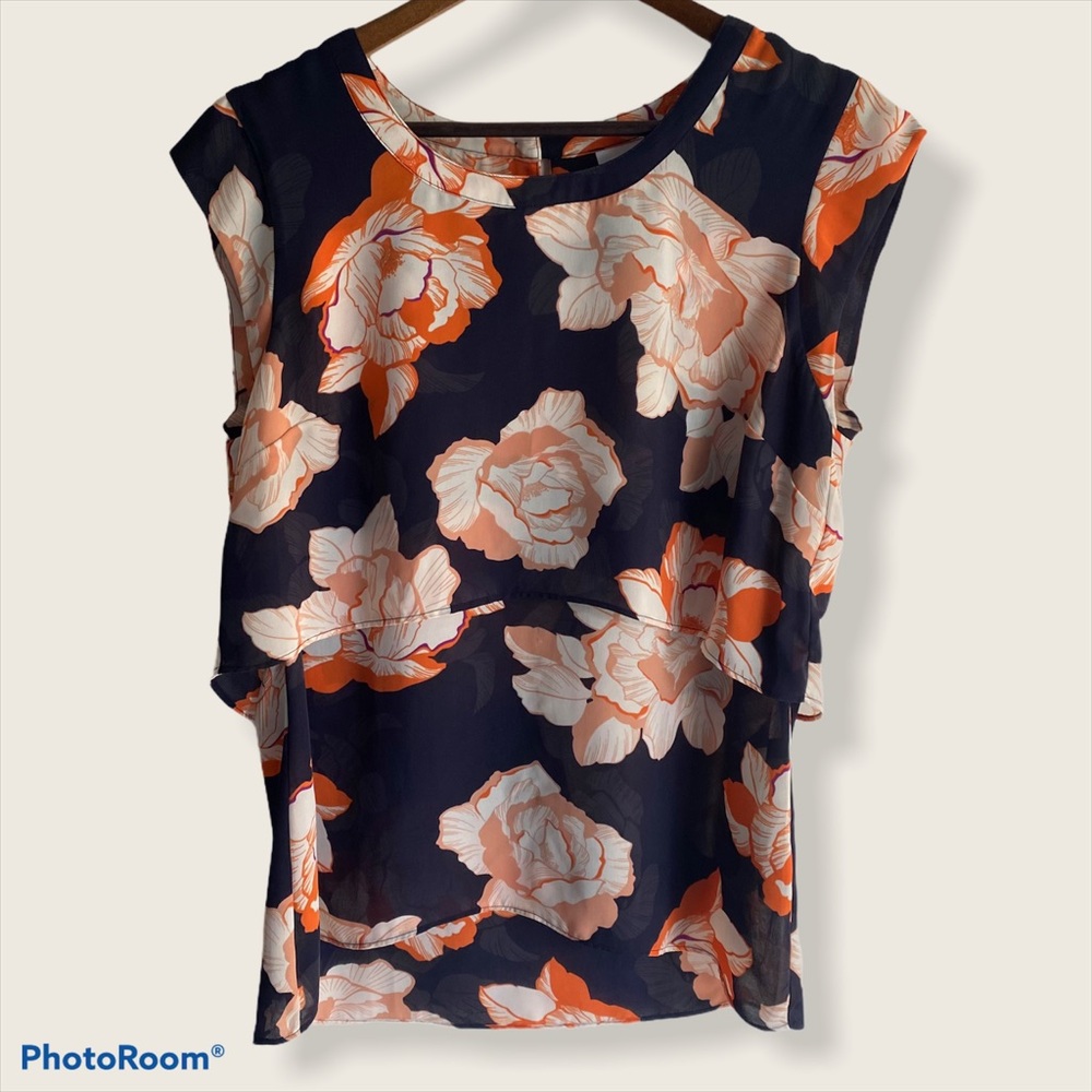 Cabi Cap Sleeve Sheer Blouse Key hole Floral Print